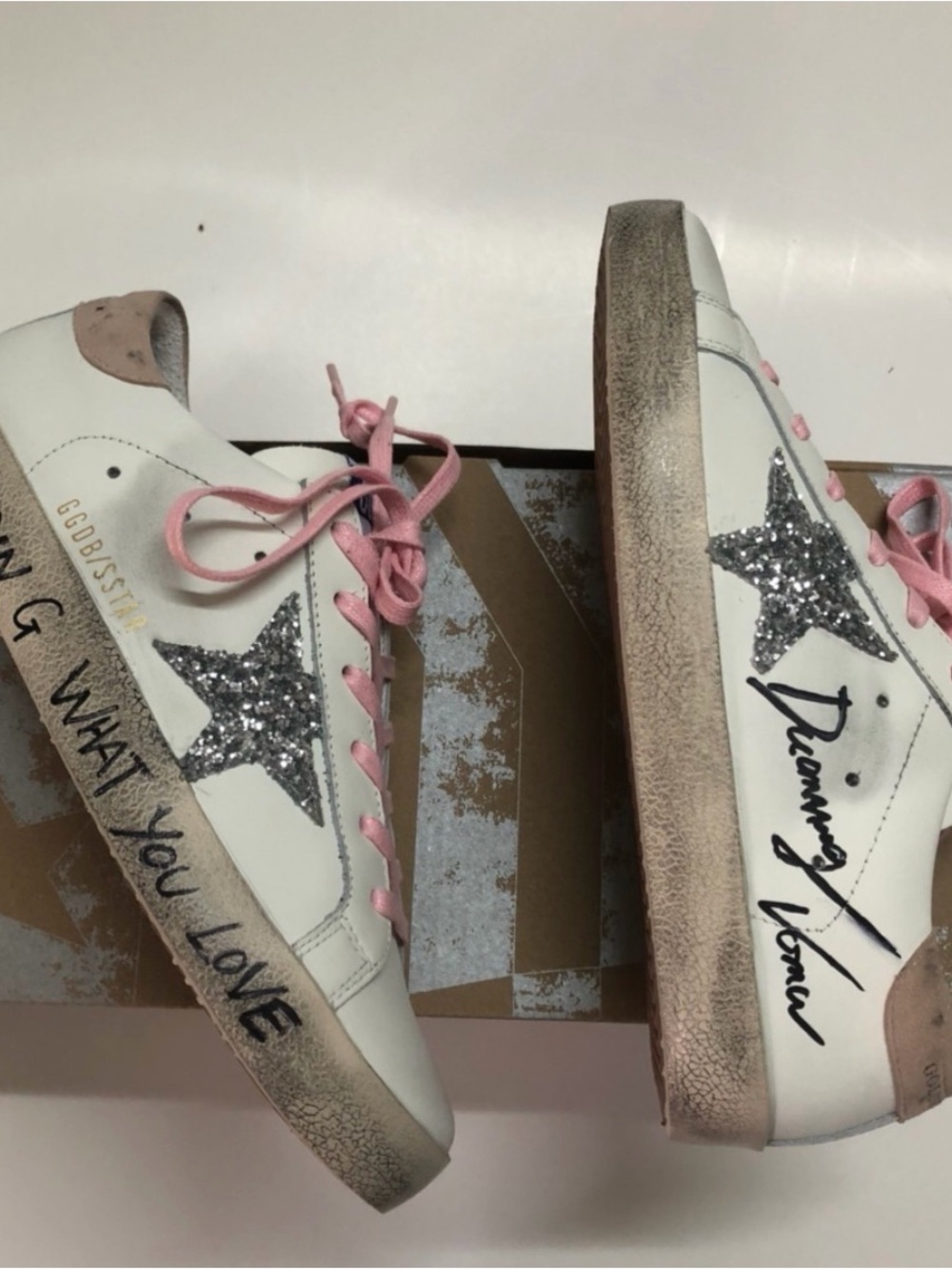 Golden Goose Super Star White Sneakers with Pink Laces and Silver Glitter Star
